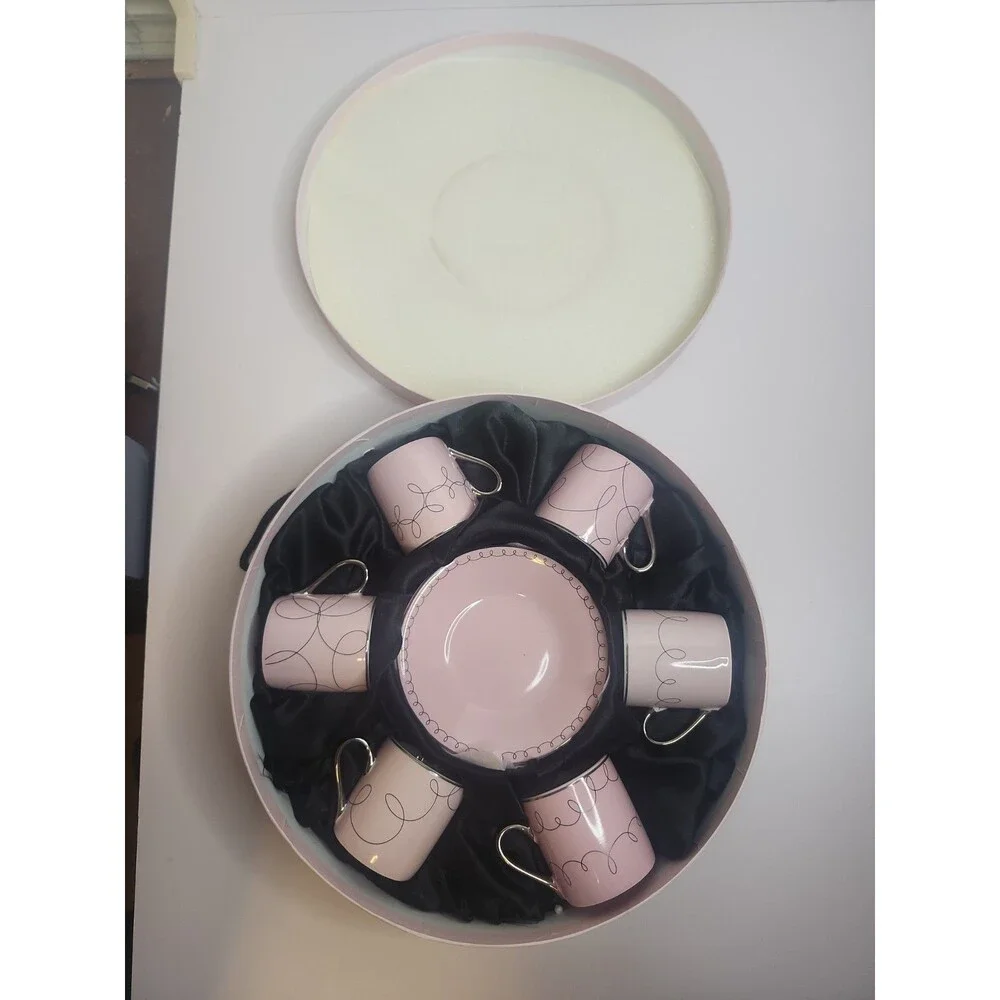 Classic Coffee & Tea Brand Set of 6 Small Cups And Saucers Pink With Silver NIB